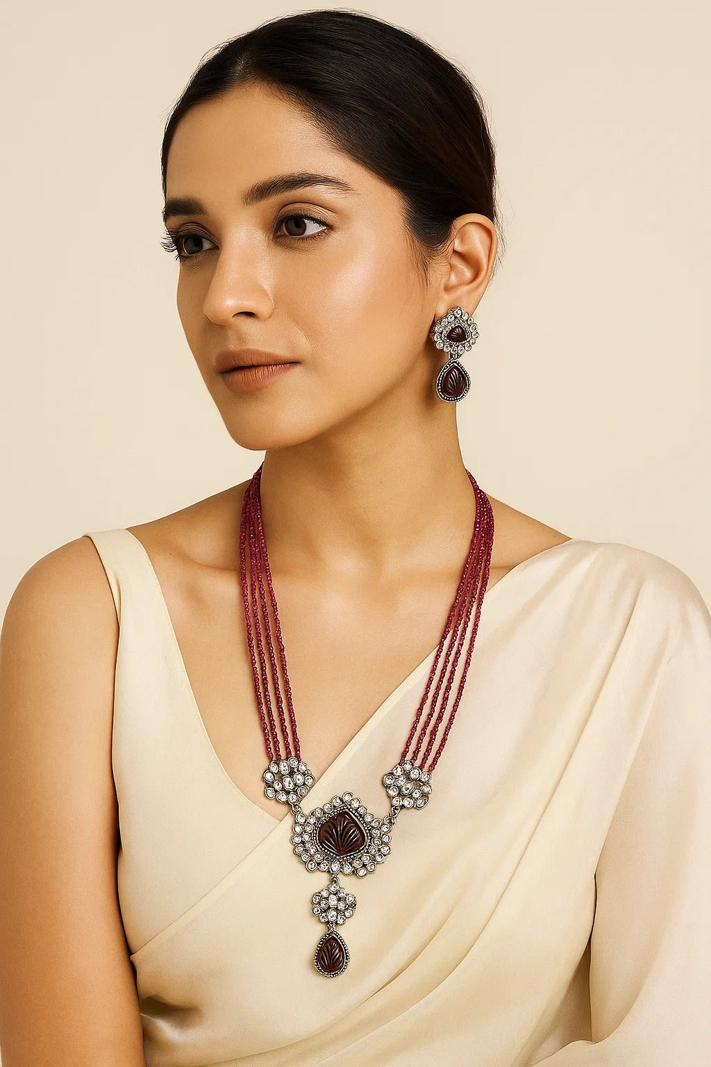 Royal Maroon Carved Stone Kundan Necklace Set